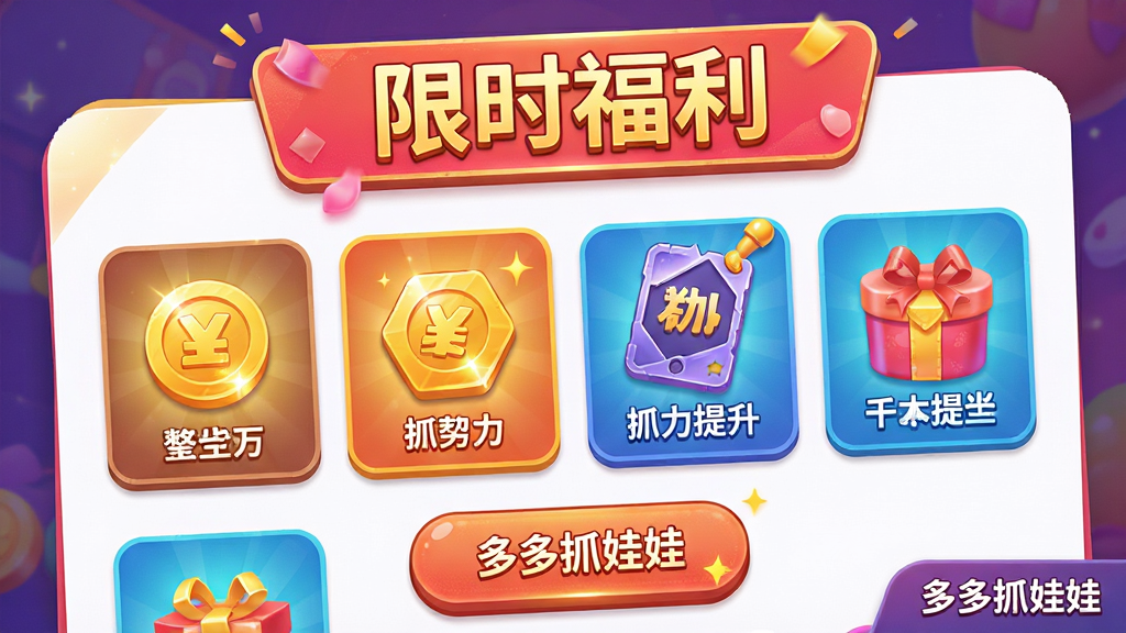 画面主体为“多多抓娃娃”应用的活动界面,顶部横幅写着“限时福利”,下方排列着金币奖励、抓力提升卡等图标。布局采用卡片式设计,色彩明快,按钮醒目。细节突出礼包的光泽感和界面质感。风格为游戏活动宣传图,干净无杂乱元素,画质高清,界面角落有“多多抓娃娃”字样。