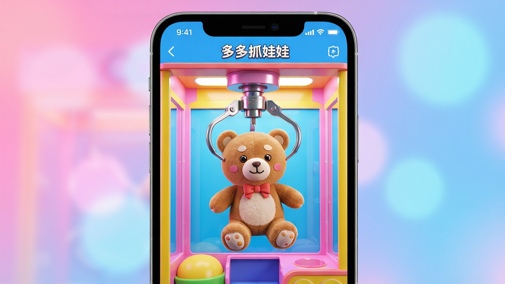 画面主体为一部智能手机屏幕特写,屏幕内正运行“多多抓娃娃”应用,界面显示一台色彩缤纷的抓娃娃机,机械爪正抓着一个可爱的小熊玩偶。布局采用手机居中构图,周围有柔和的粉蓝渐变背景光斑。排版简洁,突出应用界面。风格为高清3D渲染结合UI界面展示,细节包括玩偶的绒毛质感、机械爪的金属光泽,画质4K干净无多余元素,屏幕中可见“多多抓娃娃”字样。