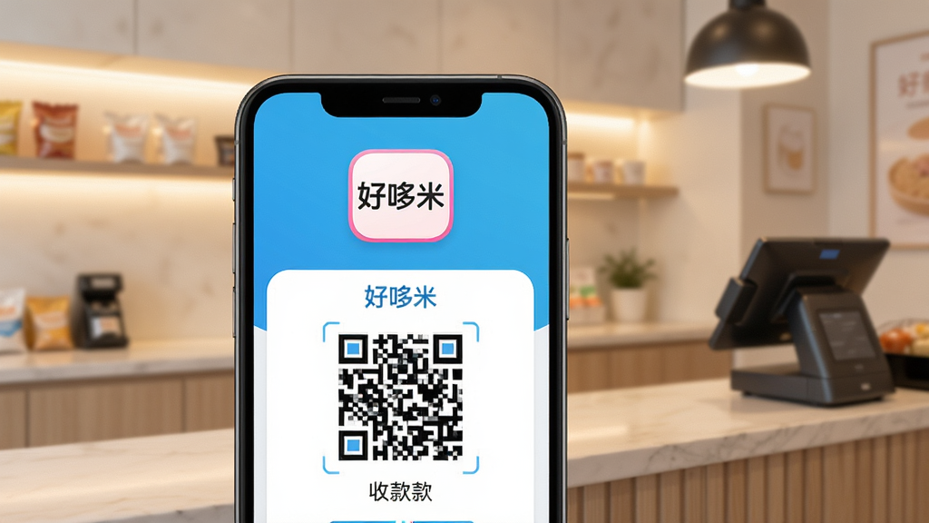 好哆米APP主界面展示,手机屏幕中清晰显示“好哆米”应用图标与收款二维码界面,背景为现代简约风格店铺收银台,搭配柔和暖色灯光,整体画面干净明亮,突出软件品牌与实用场景,画质高清,无多余元素。