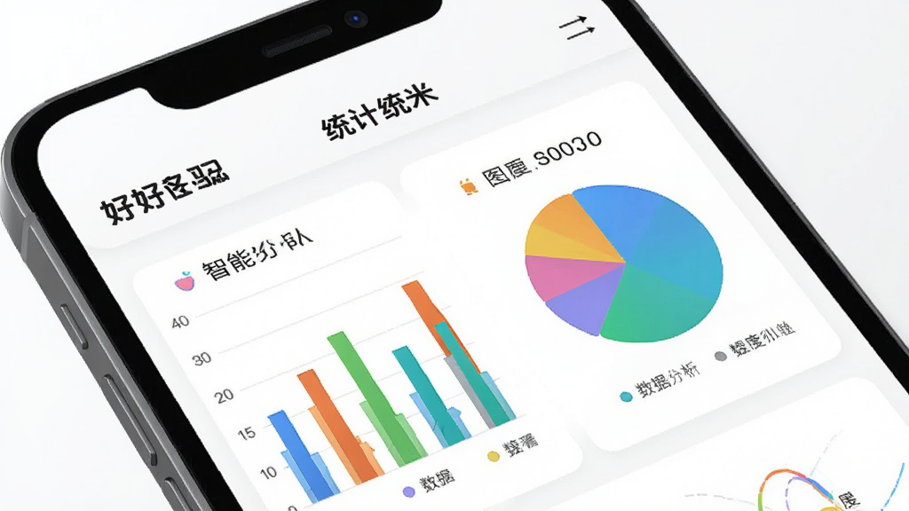 好哆米账单统计图表界面,手机屏幕展示彩色柱状图与饼状图,标注“好哆米”品牌字样,背景简约白色,图表数据清晰可读,突出智能分析与数据可视化功能,画质高清干净。