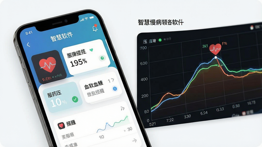 一张展示智慧慢病软件核心功能的宽幅预览图,主体为手机界面与健康数据图表的组合,布局采用左右分割式,左侧是运行中的APP界面,右侧是血压血糖曲线图,排版干净,风格现代简约,细节包含心率图标、服药提醒卡片等,画质清晰干净无多余元素