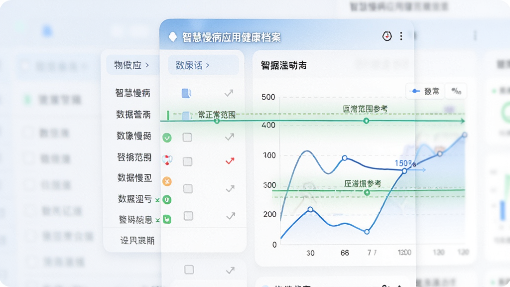 智慧慢病应用的健康档案界面,主体为数据列表和折线图,布局纵向排列,排版整齐,风格清爽明亮,细节标注正常范围参考线,画质干净无多余元素