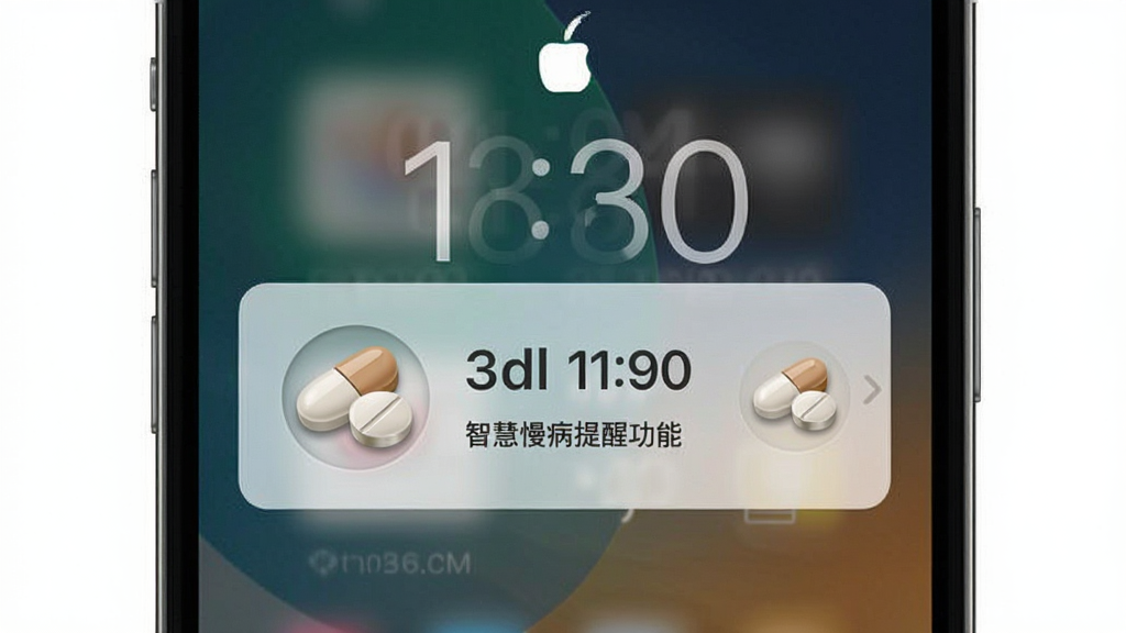 智慧慢病提醒功能示意图,主体为手机锁屏上的用药提醒横幅,布局居中,排版简洁,风格拟物化,细节显示药片图标与时间,画质干净无多余元素