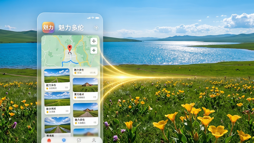 主体:“魅力多伦”APP界面悬浮于壮丽的多伦湖与金莲花草原实景之上,界面中显示地图导航与景点卡片。布局:左侧为APP半透明界面,右侧为广袤草原与湖泊,中间由金色光线连接。排版:界面元素错落有致,景点卡片呈瀑布流排布,顶部有“魅力多伦”字样。风格:写实与科技感结合,色彩明亮通透,草原绿与湖水蓝为主色调。细节:草地纹理清晰,湖面波光粼粼,APP图标圆润精致,文字“魅力多伦”清晰可辨。画质:8K超高清,细节丰富,干净无多余元素。