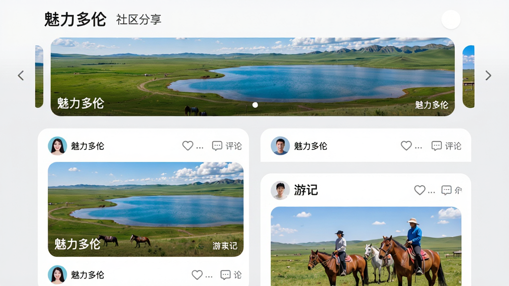 主体:“魅力多伦”社区分享界面,展示用户上传的多伦风景照片与游记卡片。布局:顶部为轮播banner,下方为瀑布流双列卡片,卡片上显示点赞与评论图标。排版:信息流布局,卡片圆角,图片大而清晰。风格:现代化社交APP风格,背景为浅灰色,卡片白色。细节:卡片上有用户头像与“魅力多伦”水印,图片内容为草原、湖泊、骑马等。画质:4K细腻,画面干净,无多余元素。