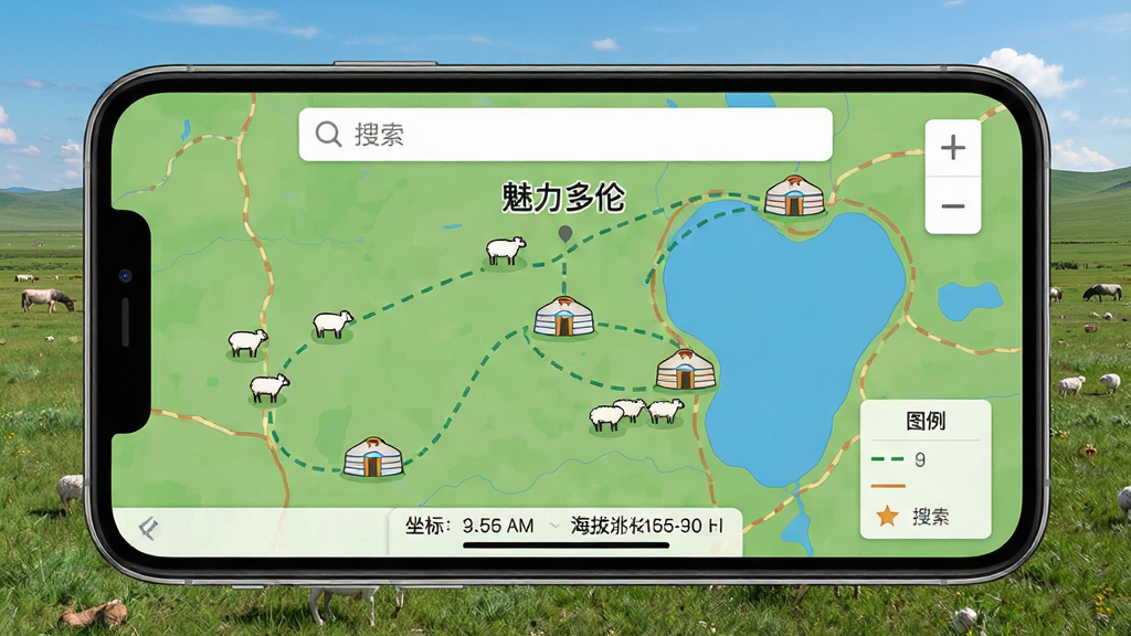 主体:手机横屏显示“魅力多伦”离线地图界面,背景为草原实景。布局:地图占据屏幕大部分,右侧有缩放按钮与图例,底部有当前坐标与海拔信息。排版:地图上标注景点图标与虚线路径,顶部搜索框。风格:简洁地图风格,配色清新,草原绿与湖泊蓝。细节:地图上显示“魅力多伦”字样,有蒙古包与羊群的小图标。画质:高清,干净,无多余元素。