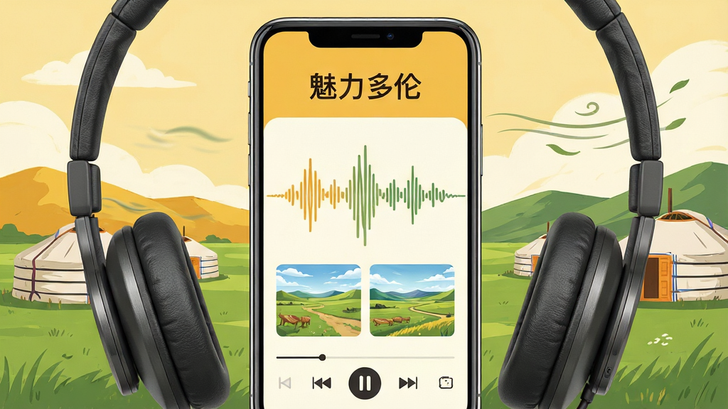 主体:智能手机屏幕显示“魅力多伦”语音导游界面,耳机与草原背景。布局:手机居中,屏幕中浮现音频波形与景点图片,左右两侧为草原与蒙古包。排版:界面简洁,底部播放控制条,顶部有“魅力多伦”字样。风格:扁平化结合手绘草原元素,色调以暖黄与草绿为主。细节:波形动画流畅,耳机质感细腻,背景草原有风拂过的动态感。画质:高清渲染,画面干净,无多余元素。