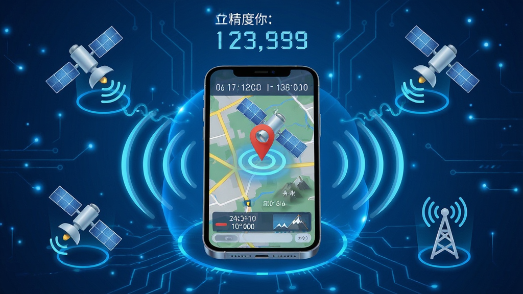 主体:指南针地图版智能定位功能演示,手机屏幕上显示卫星定位动画,周围有信号波纹。布局:画面中央是手机,四周环绕定位卫星与基站图标。排版:信息层次分明,上方显示精度数值。风格:科技蓝背景,发光线条装饰,未来感。细节:地图上标出坐标与海拔。画质:超清渲染,干净无多余元素。