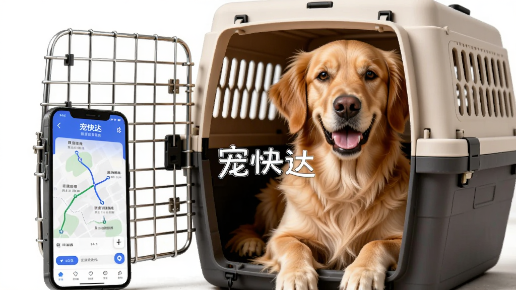 画面主体为一只可爱的金毛犬坐在宠物航空箱内,箱门敞开,旁边放着宠快达App的手机界面,手机屏幕显示运输路线,整体布局温馨,风格写实明亮,细节展现宠物毛发与箱体材质,画质高清干净,无多余元素,图片中央带有
