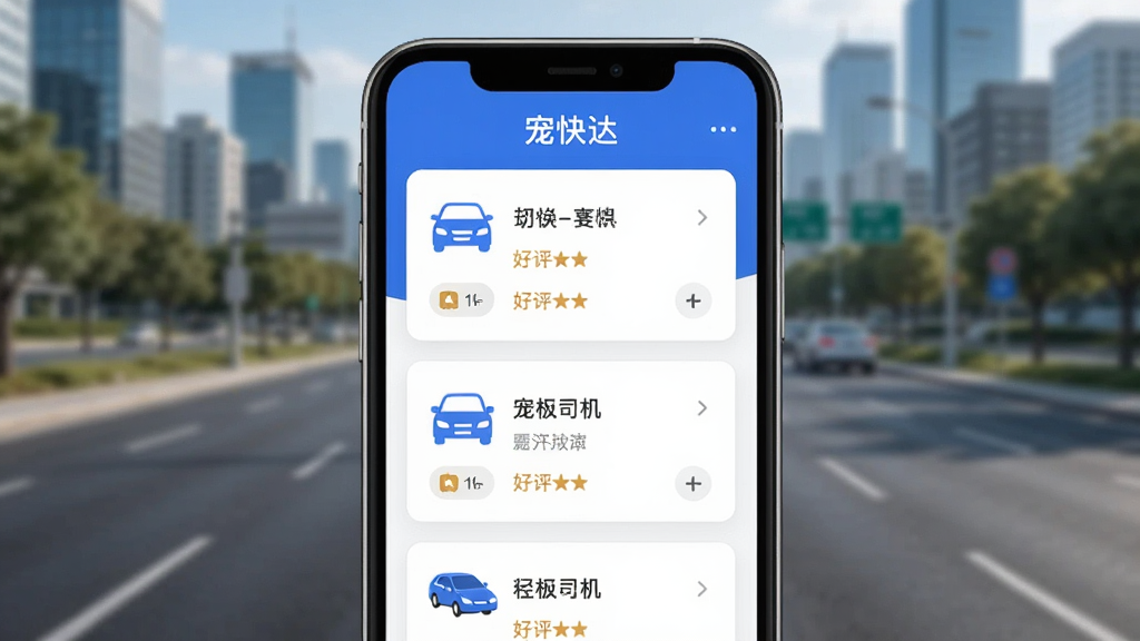 主体为宠快达App的运力匹配界面,展示不同车型与司机信息卡片,背景为城市道路,布局清晰,排版整洁,风格现代简约,细节包括车型图标与好评率,画质干净明亮,无多余元素,屏幕上方有