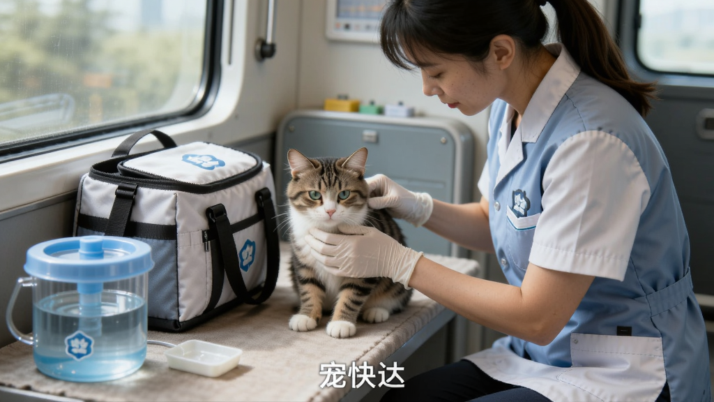 主体为一位穿制服的宠物护理员在车厢内安抚一只猫咪,周围摆放着护理包与饮水器,布局自然,风格温馨写实,细节展示护理员手部动作与猫咪状态,画质柔和干净,无多余元素,画面下方配有