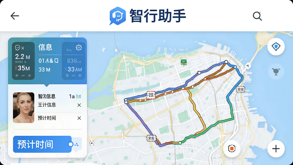 应用界面截图风格的图片,顶部显示“智行助手”LOGO,下方为地图路线规划页面,有三条不同颜色的路线叠加,左侧有路况信息卡片和预计时间标签,整体UI设计扁平化,配色以蓝色和白色为主,界面清晰,画质高清,无多余元素