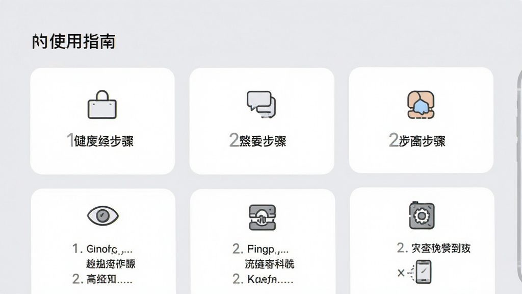 应用内“使用指南”页面截图,以卡片式布局展示操作步骤,背景为柔和的浅灰色,每张卡片上配有图标和简短文字说明,整体风格清爽易读,画面干净,无多余文字,画质高清