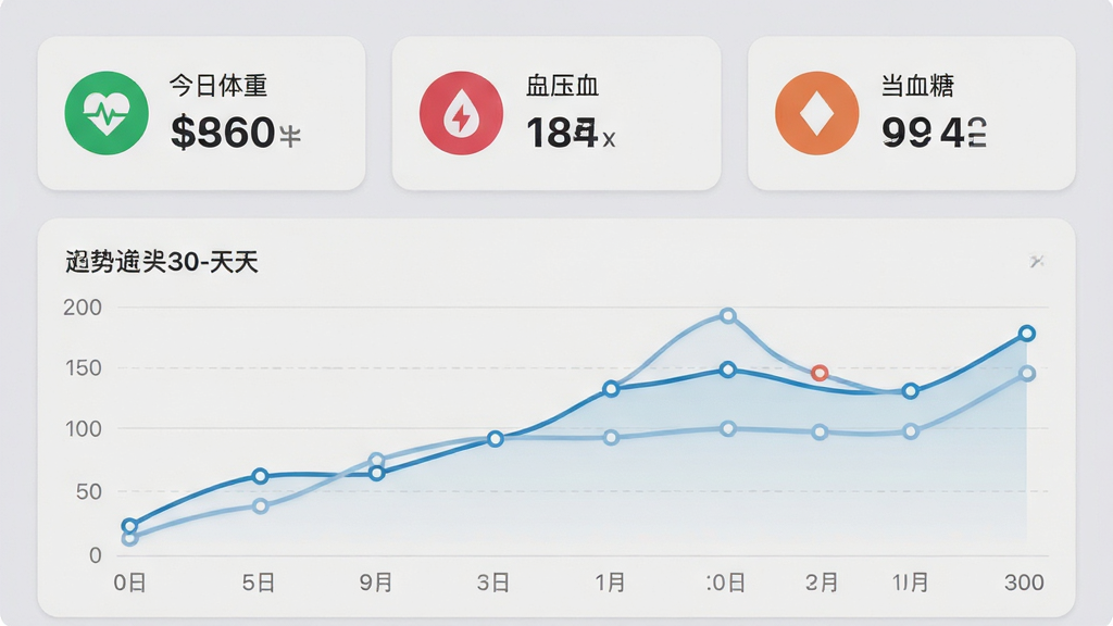 A健康应用的健康数据记录界面截图,界面设计简洁,采用卡片式布局,上方显示今日体重、血压、血糖的数值卡片,每个卡片带有彩色图标,下方为近30天的折线趋势图,图表线条流畅,数据点清晰,背景为浅灰色,整体风格专业且清爽,画质清晰,无多余元素