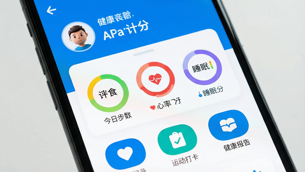 一张智能手机屏幕显示A健康应用主界面,界面风格清新简约,以蓝白为主色调,顶部显示用户头像和健康评分,中间区域用彩色环形图展示今日步数、心率和睡眠数据,下方排列饮食记录、运动打卡、健康报告等圆角功能图标,整体布局清晰,界面干净,画质高清,无多余元素