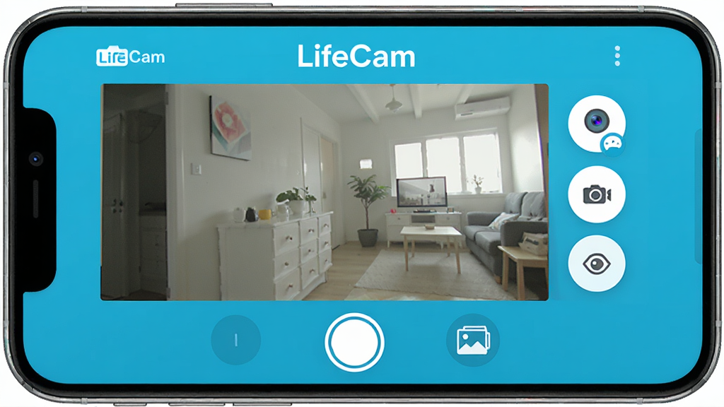 LifeCam应用主界面展示,手机横屏操作,画面中央显示取景框,右侧有拍摄模式切换按钮,底部为快门与相册入口,整体风格现代简约,色彩明亮,UI干净清爽,高清画质,突出软件名称“LifeCam”文字标识,无多余元素