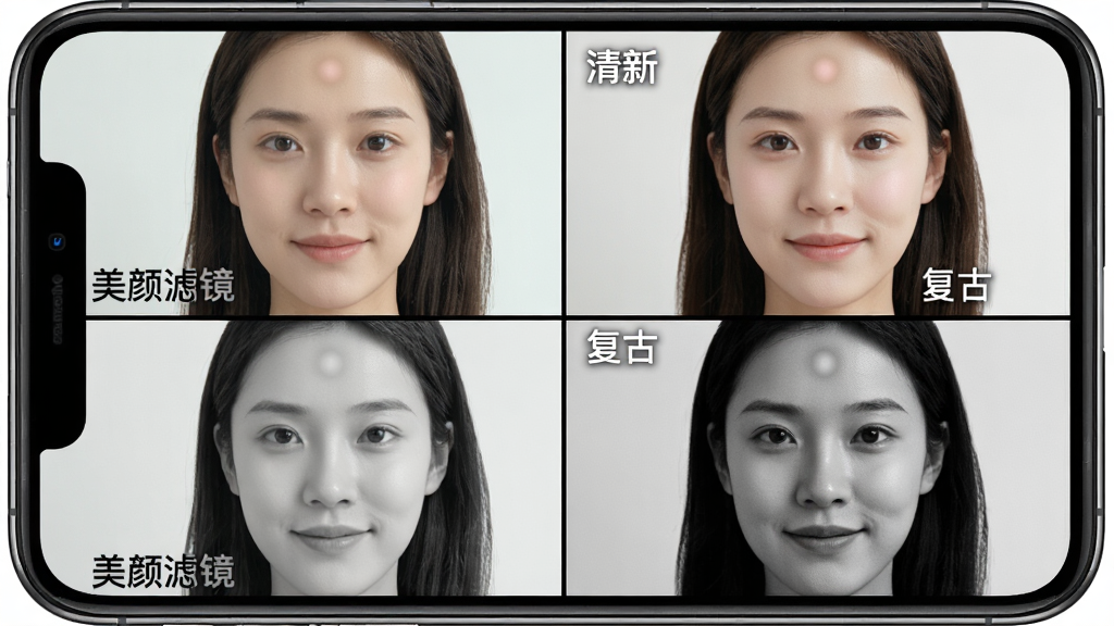 LifeCam实时美颜滤镜效果展示,手机屏幕分为四个网格,分别展示原图与三种不同滤镜风格(清新、复古、黑白),人物面部细节清晰,美颜效果自然,标注“美颜滤镜”文字,布局规整,画质高清,无多余元素