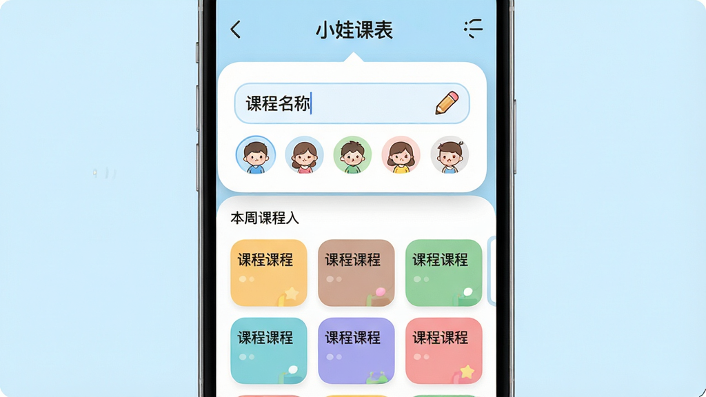 主体:智能手机界面,展示“小娃课表”的课程编辑页面。布局:屏幕中央有一个课程输入弹窗,包含课程名称输入框和卡通图标选择区,下方为本周课程网格。排版:弹窗位于屏幕上方,课程网格采用圆角卡片式排列。风格:清新卡通风格,背景为淡蓝色,弹窗为白色圆角矩形。细节:铅笔图标在输入框旁,课表网格中不同课程用不同颜色区分。画质:细腻清晰,干净整洁,无多余元素。