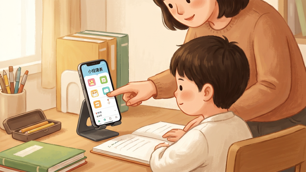 主体:一位家长正在手把手教孩子使用手机上的“小娃课表”应用。布局:孩子坐在书桌前,家长站在身后,手机放在桌面支架上,屏幕显示课表详情。排版:人物居中,手机屏幕清晰可见。风格:温馨写实插画风格,暖色调。细节:书桌上有文具盒和课本,家长手指指向屏幕中的课程图标。画质:细腻柔和,画面干净,无多余元素。