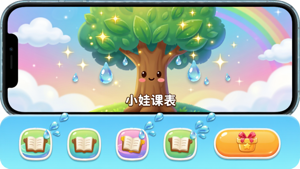 主体:一棵卡通成长树生长在手机屏幕中央,周围环绕着水滴和星星效果。布局:画面分为上下两层,上层为成长树动画,下层为一排课程图标与奖励按钮。排版:树冠占据屏幕上部三分之一,树干下方有“小娃课表”字样。风格:梦幻童话风格,色彩渐变,充满童趣。细节:树叶上闪烁着金色光点,水滴从图标中飞出,背景有云朵和彩虹。画质:明亮清晰,画面干净,无多余元素。