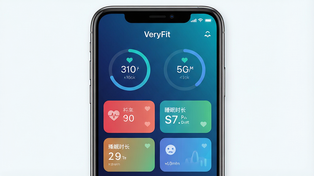 一张展示VeryFit软件主界面的高清截图,主体为智能手机屏幕中显示的运动数据仪表盘,包含步数、心率、睡眠时长等圆形进度环与彩色卡片,布局居中对称,排版清晰,风格为现代扁平化UI设计,细节上突出数据可视化的精致感,画质干净无多余元素,屏幕上方显示“VeryFit”字样,整体色调以深蓝与青色渐变为主,营造科技与健康的氛围
