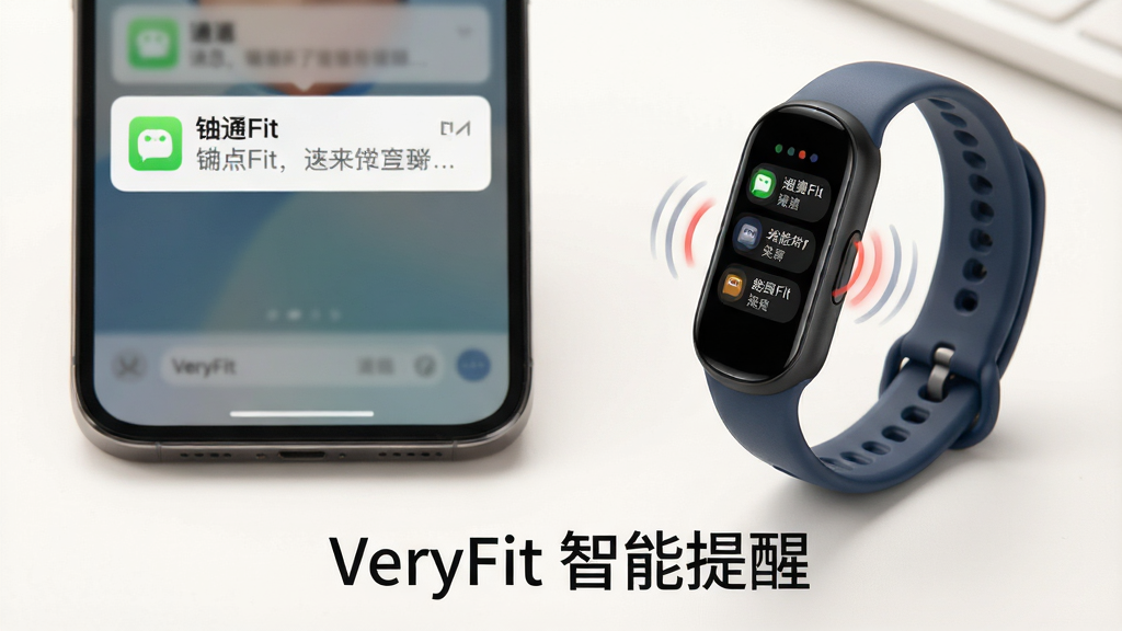 一张VeryFit消息通知功能的场景图,主体为手机与手环并排摆放,手机屏幕显示微信消息弹出,手环屏幕同步显示通知摘要,布局为左右呼应,排版干净,风格为清新商务风,细节包括通知图标与手环震动动效示意,画质柔和明亮,无多余元素,图片下方标注“VeryFit 智能提醒”字样