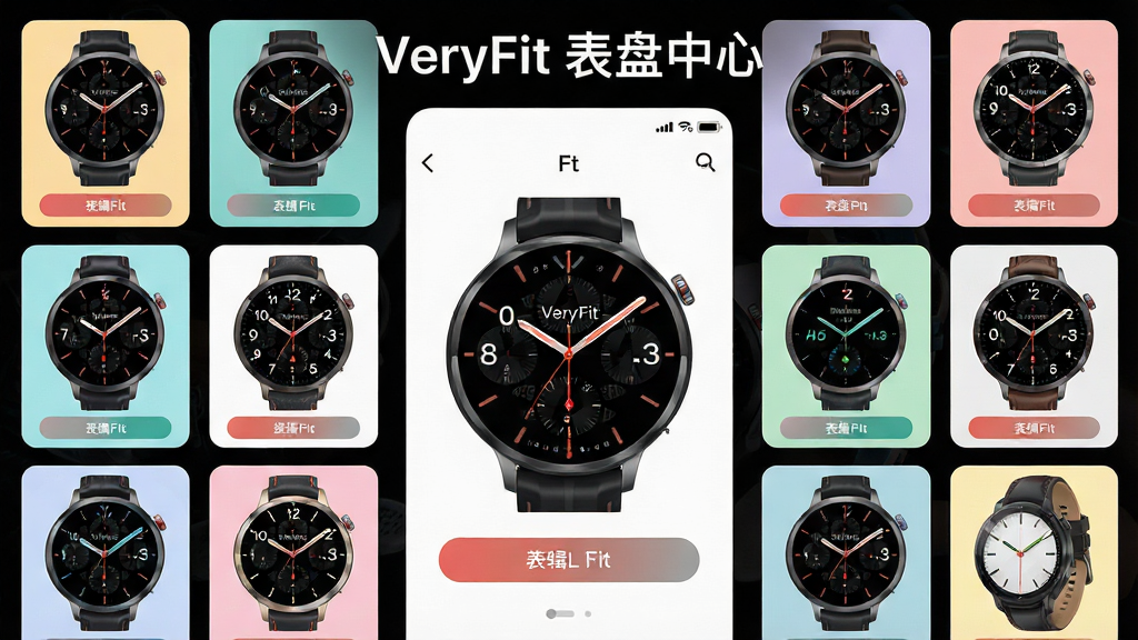 一张VeryFit表盘自定义功能的预览图,主体为多款不同风格的表盘样式排列成网格,中心为当前选中的表盘编辑界面,布局整齐有序,排版采用卡片式陈列,风格为多彩时尚的UI展示,细节包括表盘缩略图与编辑选项按钮,画质锐利清晰,无多余元素,顶部标题为“VeryFit 表盘中心”