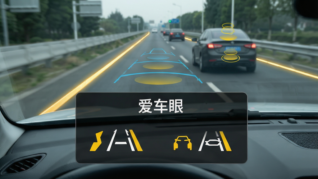 主体:一辆汽车的挡风玻璃视角,前方道路清晰可见,画面上叠加显示“爱车眼”的驾驶辅助提示框。布局:提示框出现在画面下方,包含车道偏离警告和跟车距离过近的图标。排版:提示框以半透明深色背景呈现,白色文字和黄色图标醒目。风格:模拟实景增强效果,科技感强。细节:道路边缘线在画面中呈现高亮描边,前方车辆尾部有距离感应标记。画质:超清画质,画面干净无多余元素。