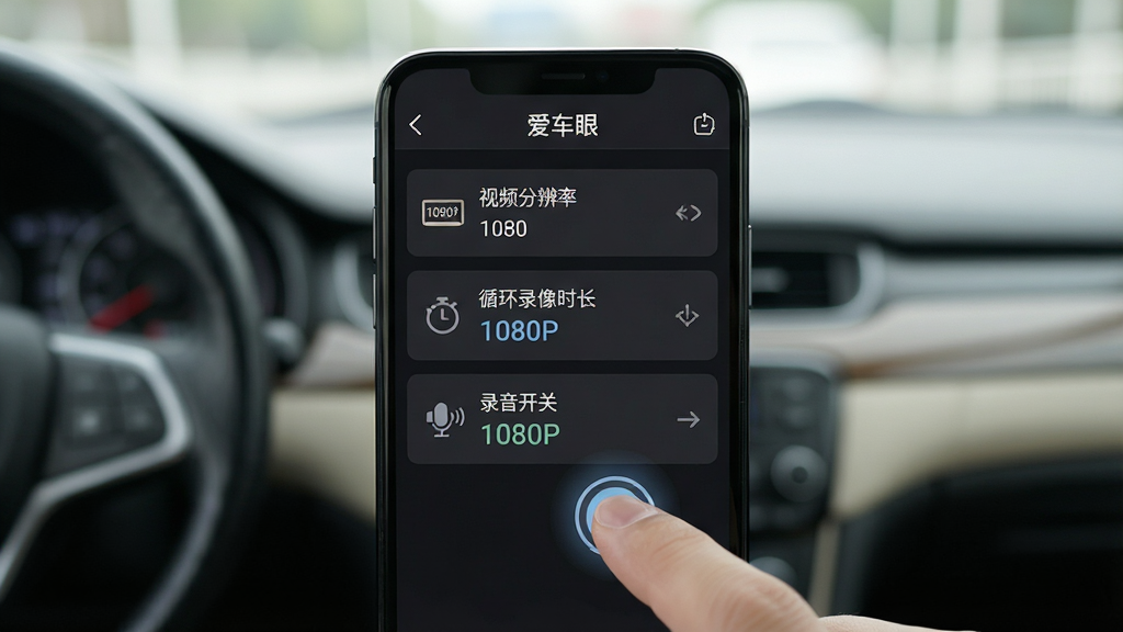 主体:一个智能手机屏幕特写,屏幕上显示“爱车眼”的录像设置界面。布局:手机位于画面中央,背景为模糊的车内环境。排版:屏幕上的设置选项包括“视频分辨率”、“循环录像时长”、“录音开关”等,以列表形式排列。风格:界面扁平化设计,图标线条简洁。细节:屏幕上“1080P”和“循环录像”字样高亮显示,模拟手指点击的状态。画质:高清画质,干净无多余元素。