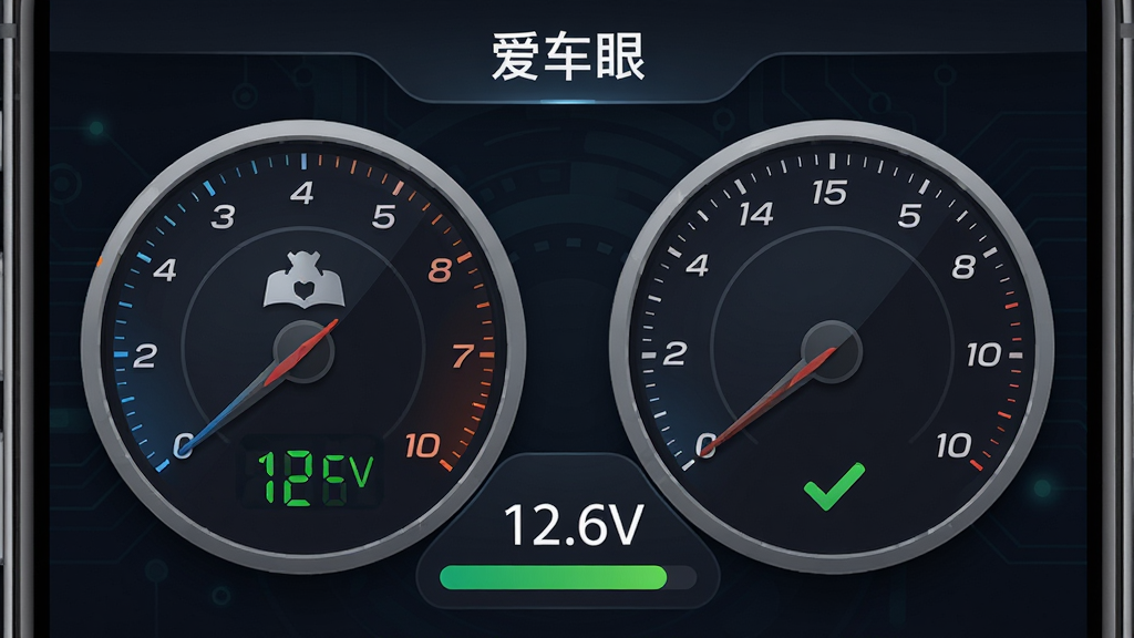 主体:一个智能手机界面,显示“爱车眼”的车况监测仪表盘。布局:仪表盘采用圆形表盘设计,左侧为发动机转速,右侧为车速,下方为电瓶电压数值。排版:数据以数字和进度条形式展示,背景为深色科技风格。风格:拟物化与扁平化结合,信息直观。细节:电压数值显示为“12.6V”,并有一个绿色对勾表示正常。画质:高清画质,干净无多余元素。