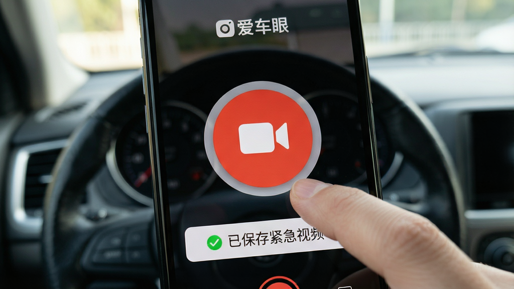 主体:一只手正点击手机屏幕上的红色“紧急录制”按钮,屏幕显示“已保存紧急视频”的提示。布局:手机占据画面大部分,背景为车内的驾驶位视角。排版:屏幕中央有一个明显放大的红色圆形按钮,上方有“爱车眼”LOGO,下方显示保存成功的提示条。风格:写实风格,光影效果自然。细节:按钮上的白色摄像机图标清晰,提示文字为绿色对勾。画质:高清画质,干净无多余元素。