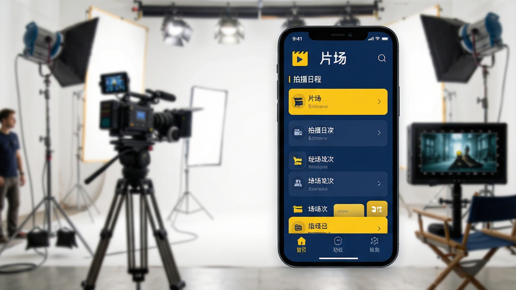 主体:手机屏幕展示“片场”软件主界面,界面布局清晰,上方显示“片场”Logo,中部为拍摄日程列表和场次卡片,底部为功能导航栏;背景为模糊的影视拍摄现场,有摄影机、灯光架和导演监视器;排版采用左右分栏,左侧文字说明,右侧手机界面;风格现代简洁,扁平化设计;细节包含图标精致、色彩以深蓝与亮黄为主;画质高清,干净,无多余元素。