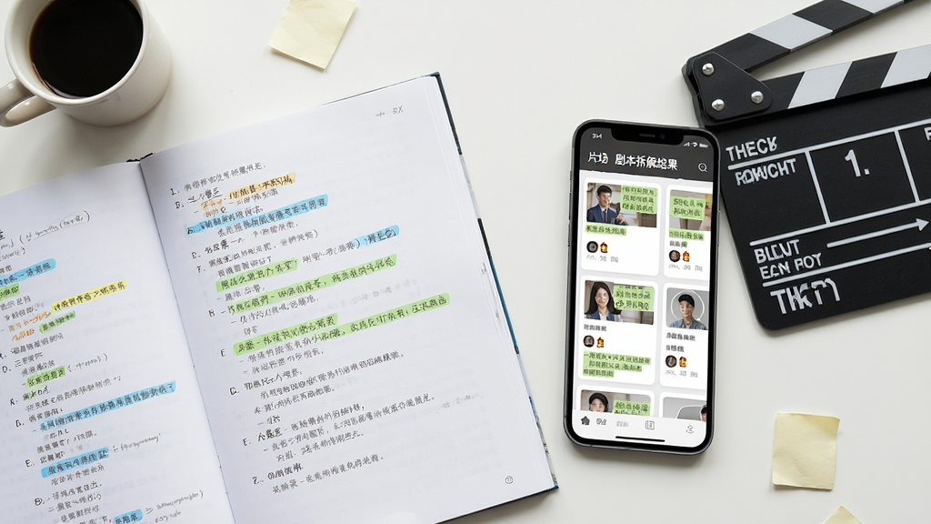 主体:影视剧本摊开在桌面,旁边手机显示“片场”剧本拆解结果,界面以卡片式排列场景与角色;布局为俯拍视角,桌面有咖啡杯和场记板;风格写实明亮;细节突出文字识别与高亮标记;画质干净,无多余元素。