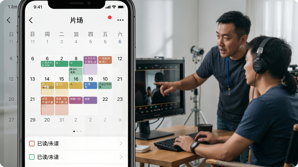 主体:手机界面显示“片场”通告管理页面,日历视图上标注不同颜色的拍摄计划,下方有“已读/未读”状态列表;背景是导演与制片人在监视器前讨论;风格半透明叠加;细节有红点提醒标记;画质高清,无多余元素。