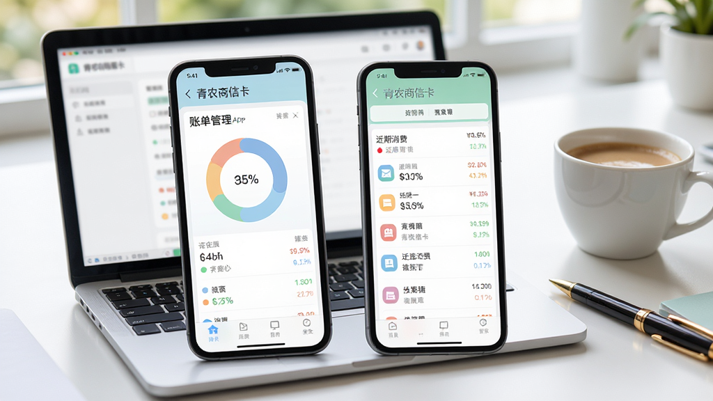 手机与电脑并排展示青农商信用卡App的账单管理界面,屏幕中显示彩色环形统计图与近期消费列表,图表配色柔和,界面布局整齐,旁边放有一杯咖啡与一支笔,营造理财氛围,整体风格专业且生活化,画质明亮干净,无多余杂物。