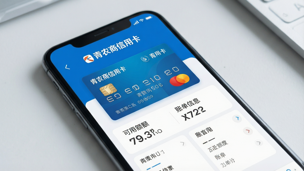 一张智能手机屏幕特写,屏幕内显示青农商信用卡App的主界面,界面风格现代简洁,以蓝色为主色调,顶部显示“青农商信用卡”文字标识,下方清晰展示信用卡卡片图案、可用额度与账单信息,背景为干净的浅灰色桌面,整体布局清爽、光线柔和、画质高清,无多余元素。