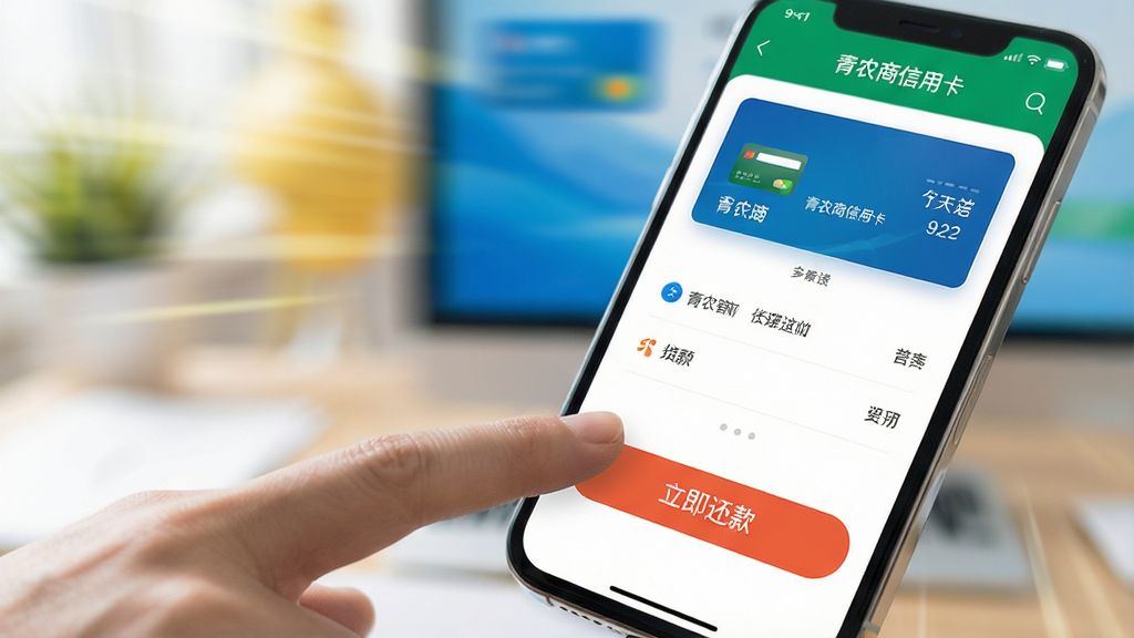 一只手指点击手机屏幕上的“立即还款”按钮,手机屏幕显示青农商信用卡App的还款界面,背景模糊处理,突出前景手机,画面动感十足,体现快速与便捷,整体色调明亮,细节丰富,画质干净高清。