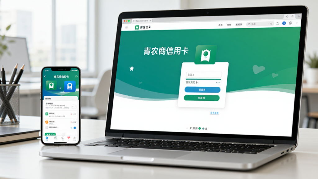 一台笔记本电脑与一部手机同时放在办公桌上,电脑屏幕显示青农商信用卡App的网页版登录界面,手机屏幕显示App主页,整体环境明亮整洁,体现跨设备协同办公场景,画质清晰,细节丰富。