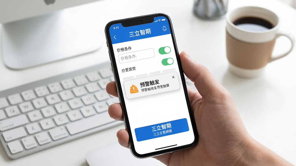 画面主体为一只手拿着智能手机,屏幕显示“三立智期”的预警设置界面,上方有价格条件输入框与开关按钮,中部弹出“预警触发”的横幅通知,背景为明亮办公桌,带有键盘与咖啡杯;布局采用写实风格,手机屏幕内容突出,细节包括屏幕中的蓝色按钮与白色文字“三立智期”;画质为高分辨率摄影质感,光线柔和,干净无多余元素。