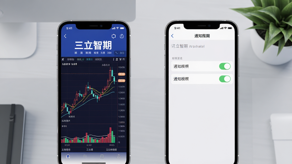 画面主体为两部手机并排,左边手机屏幕显示“三立智期”的行情图表,右边手机显示设置界面中的通知权限开关;背景为极简浅灰色工作台,带有绿色植物点缀;布局为左右对比构图,屏幕内容清晰;风格为写实产品摄影,细节包括屏幕上的“三立智期”白色字样与彩色K线;画质为高清渲染,明亮干净,无多余元素。