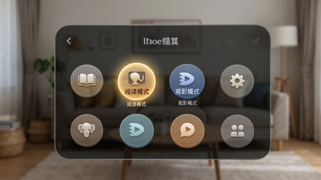 画面主体为小象灯控的场景模式选择界面,屏幕中央显示“阅读模式”“观影模式”等圆形图标按钮,其中一个被高亮选中并发出暖光;布局为网格状分布,背景为模糊的客厅实景;风格为UI界面与实景结合的展示图,细节上突出光效变化和按钮的立体感,画质细腻干净,无多余元素