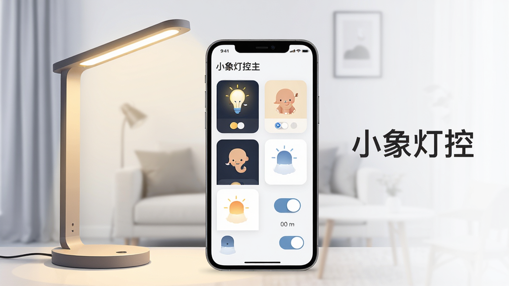 画面主体为一部智能手机屏幕正显示小象灯控主界面,界面中有多个灯光控制卡片和开关按钮,手机旁边摆放一盏现代风格的LED台灯正发出柔和暖光,背景为简约客厅场景;布局上手机居中靠前,台灯位于左侧,右侧留白放置品牌字样“小象灯控”;整体风格为科技感扁平插画,细节上突出屏幕内图标的清晰度和光效质感,画质高清干净,无多余元素