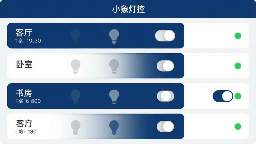 画面主体为小象灯控应用内的设备分组列表界面截图风格,左侧显示客厅、卧室、书房等分组名称及各自灯数,右侧有绿色在线状态圆点;布局采用卡片式纵向排列,顶部有“小象灯控”字样作为导航栏;风格为现代简约UI设计,细节上每个卡片内包含小灯泡图标和开关切换按钮,整体色调以深蓝和白色为主,画质清晰干净,无多余元素