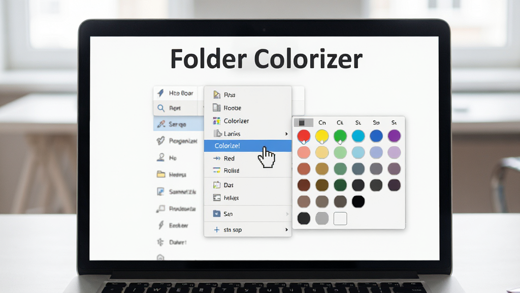 主体:一台笔记本电脑屏幕显示Folder Colorizer的右键菜单展开状态,鼠标悬停在“Colorize!”上,旁边弹出调色板。布局:电脑居中,屏幕内容清晰可见,背景为简洁的办公桌。排版:屏幕上方有“Folder Colorizer”字样。风格:真实摄影风格,光线柔和。细节:调色板中可见多种颜色圆形色块。画质:高清,干净,无多余元素。