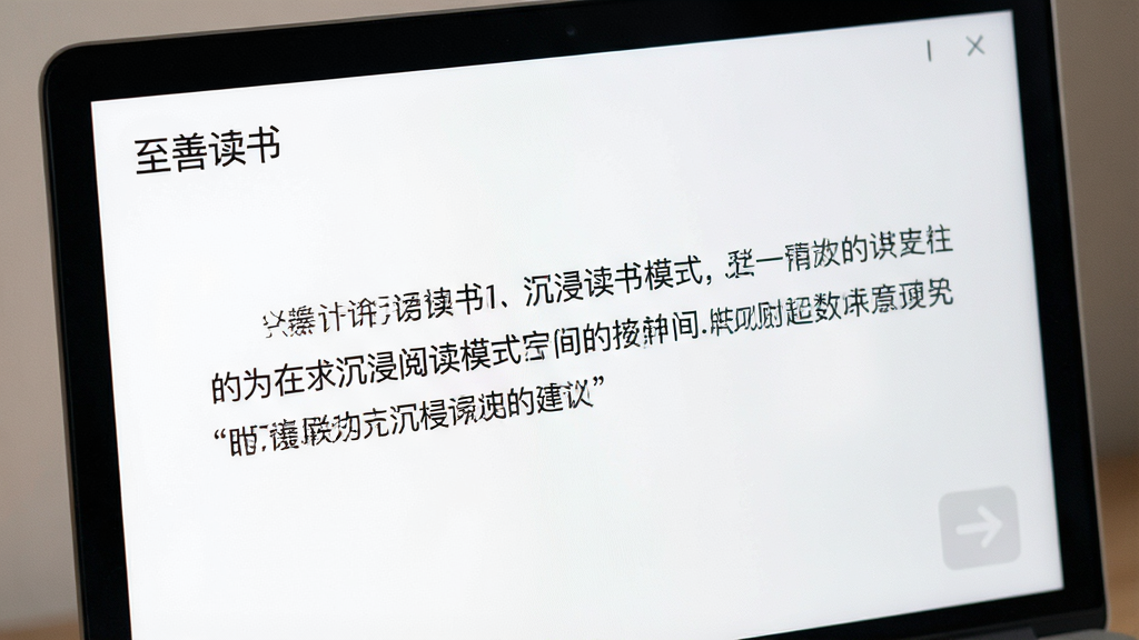 一张电脑屏幕特写,显示“至善读书”沉浸阅读模式下的页面,纯白色背景上黑色文字,界面无任何按钮干扰,右下角有一个半透明的翻页箭头,整体风格极简,光线柔和,画质细腻,突出阅读的专注感