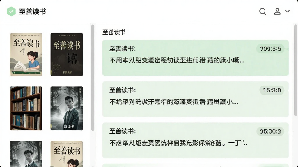 一张软件功能截图,显示“至善读书”的书签列表页面,左侧书籍封面缩略图,右侧是笔记内容,每条笔记带时间标签,界面采用分栏布局,以白色为主色调,搭配浅绿色高亮条,整体干净有序,画质清晰