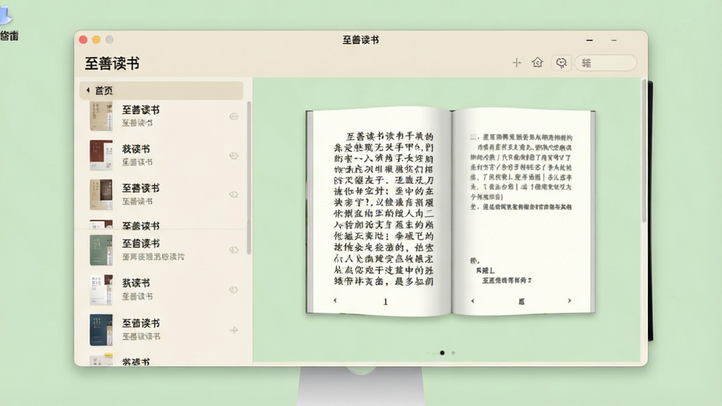 一张现代简约风格的电脑桌面截图,显示“至善读书”软件主界面,左侧为书籍列表,右侧为打开的一本电子书,排版整齐,字体清晰,界面以浅米色为基调,搭配淡绿色护眼背景,整体干净明亮,画质高清,无多余元素