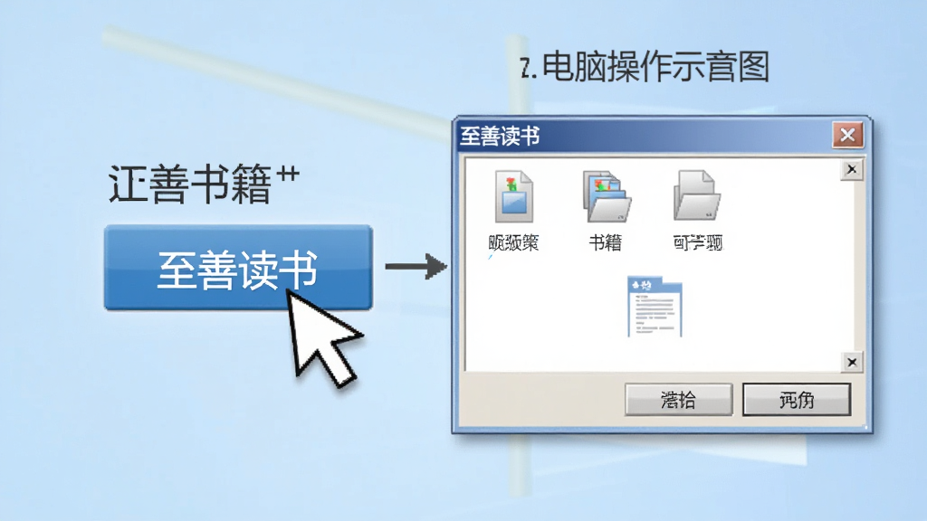 一张电脑操作示意图,显示“至善读书”的导入书籍按钮被鼠标点击,旁边弹出文件选择窗口,界面为Windows风格,浅蓝色背景,操作步骤清晰,画质干净