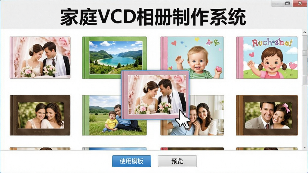 展示家庭VCD相册制作系统模板库界面的图片,界面上排列着多种风格的相册模板缩略图,有浪漫粉色婚礼主题、清新绿色旅行主题、可爱卡通儿童主题等,鼠标悬停在一个模板上显示预览效果,界面下方有“使用模板”“预览”按钮,整体布局整齐,画面明亮,突出软件名称“家庭VCD相册制作系统”,画质清晰,无多余元素。