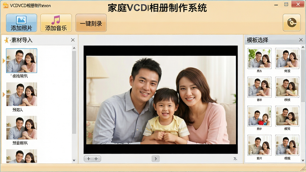 一张展示家庭VCD相册制作系统主界面的截图,界面布局清晰,左侧为素材导入区,中间为预览窗口,右侧为模板选择栏,顶部工具栏包含“添加照片”“添加音乐”“一键刻录”等按钮,整体风格简洁明亮,色彩温馨,突出“家庭VCD相册制作系统”软件名称,画面干净无多余元素,画质高清。